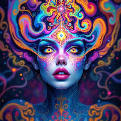 The primary subject of the image is a woman with a colorful, painted face. She has a unique and artistic appearance, with her face painted in vibrant colors. The setting is a colorful, abstract background that complements the woman's painted face. The visual style of the image is a combination of digital art and illustration, creating a striking and eye-catching scene. The colors and mood of the image are lively and energetic, with the woman's painted face and the vibrant background